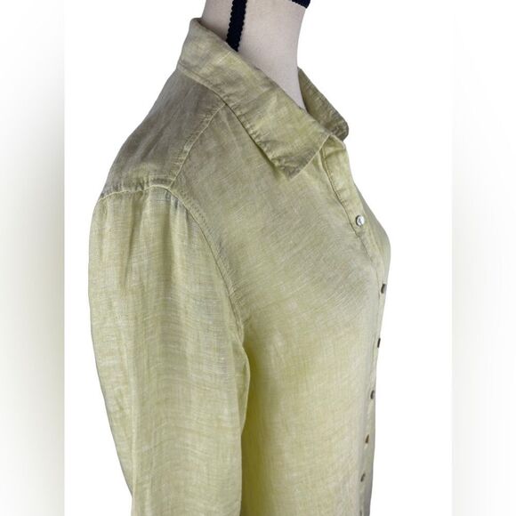 Tahari 100% Linen Button-Down yellow/lime green Long Sleeve Tunic Top Sz S - Picture 2 of 6